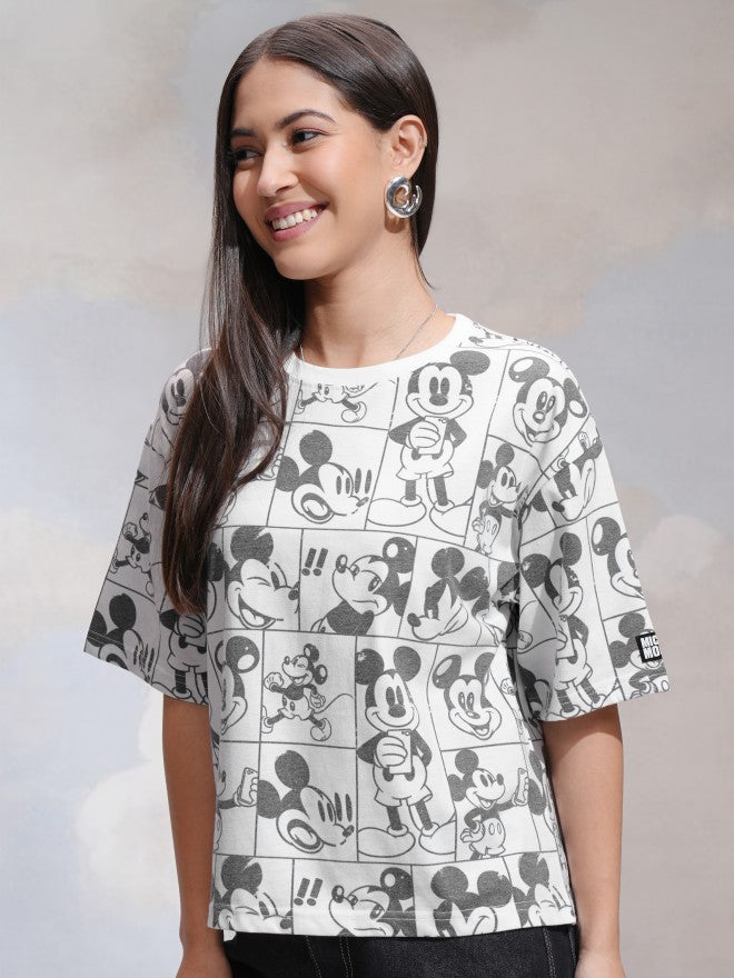 Disney By Tokyo Talkies Women White Mickey Mouse Printed Round Neck T-Shirt - White - Image 4