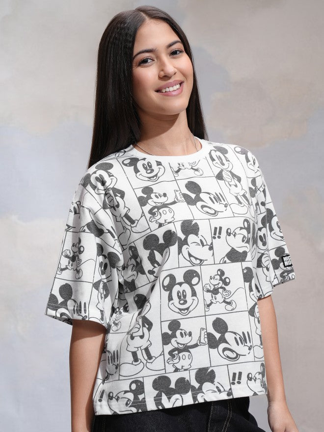 Disney By Tokyo Talkies Women White Mickey Mouse Printed Round Neck T-Shirt - White - Image 6