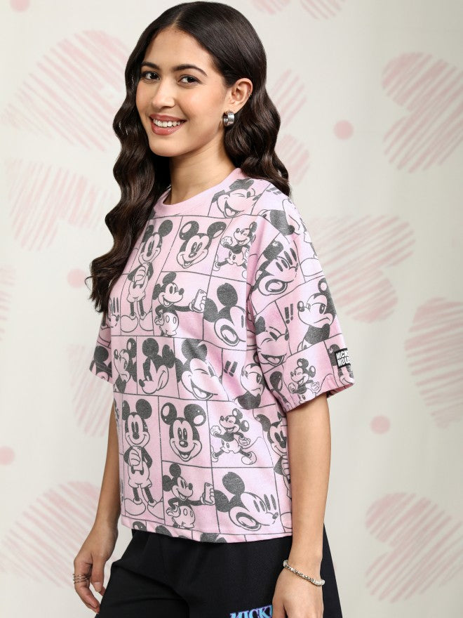 Disney By Tokyo Talkies Women Pink Mickey Mouse Printed Round Neck T-Shirt - Pink - Image 4