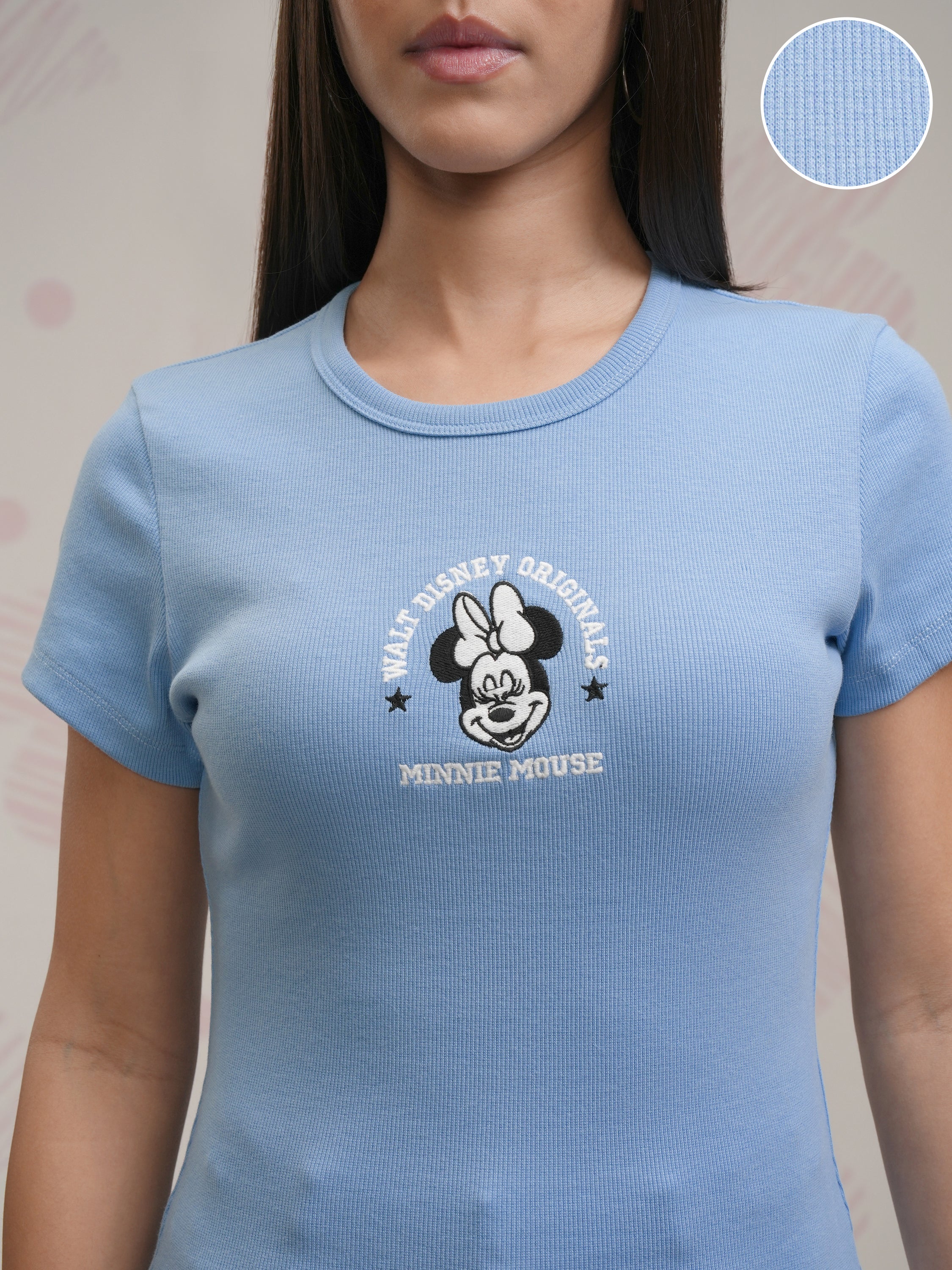 Disney By Tokyo Talkies Women Blue Minnie Mouse Embroidered Round Neck T-Shirt - Blue - Image 5