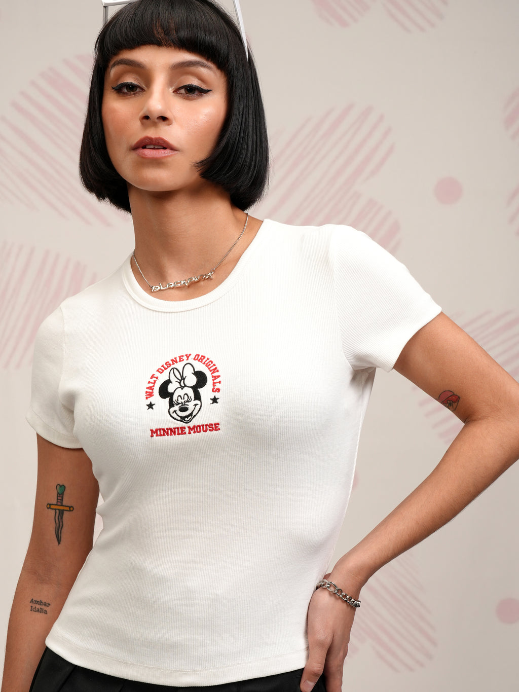Disney By Tokyo Talkies Women White Minnie Mouse Embroidered Round Neck T-Shirt - White - Image 1