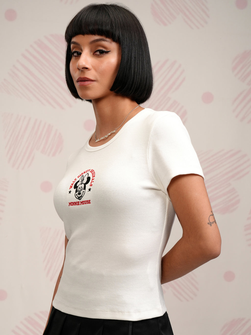 Disney By Tokyo Talkies Women White Minnie Mouse Embroidered Round Neck T-Shirt - White - Image 4