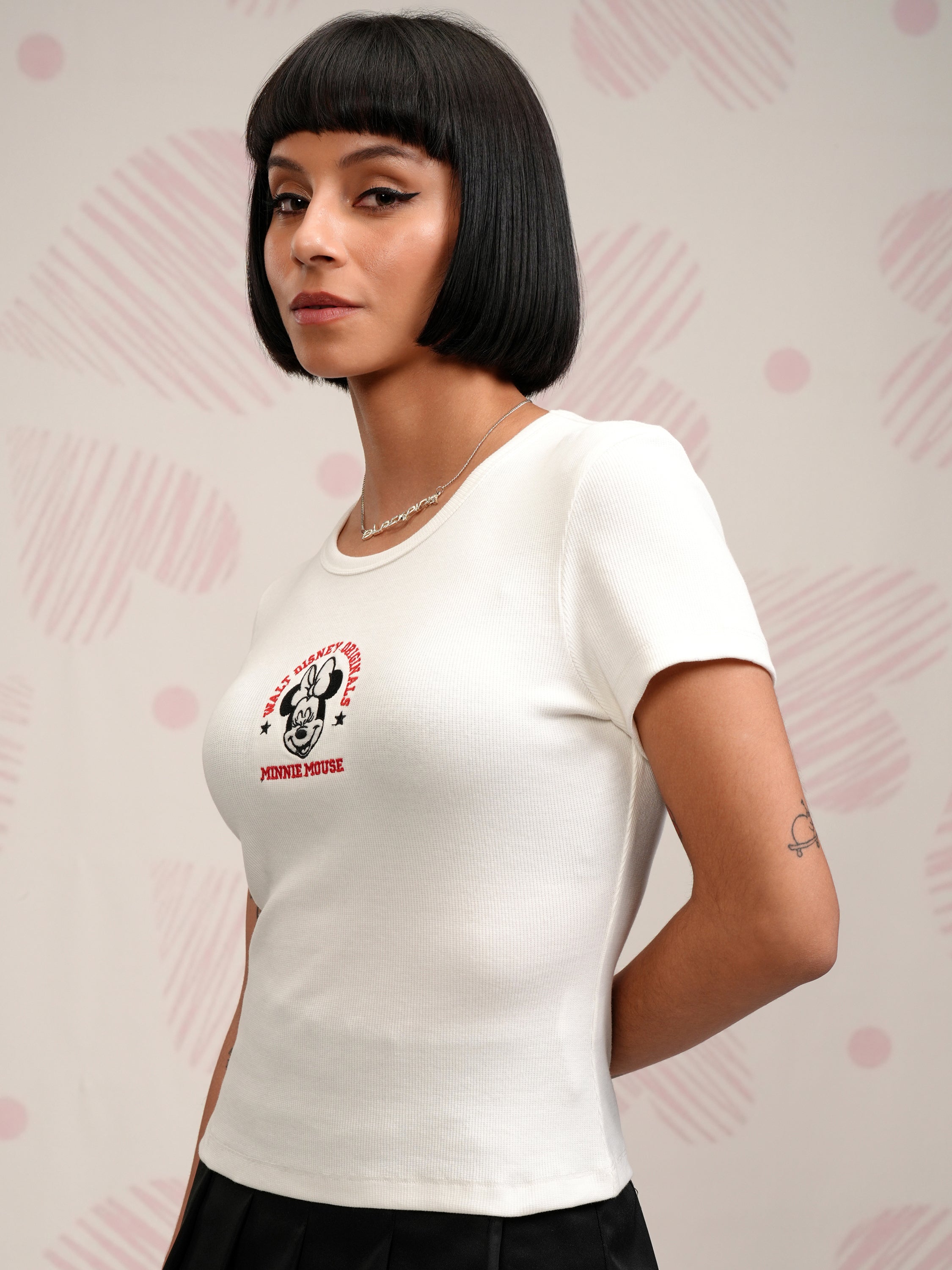 Disney By Tokyo Talkies Women White Minnie Mouse Embroidered Round Neck T-Shirt - White - Image 4