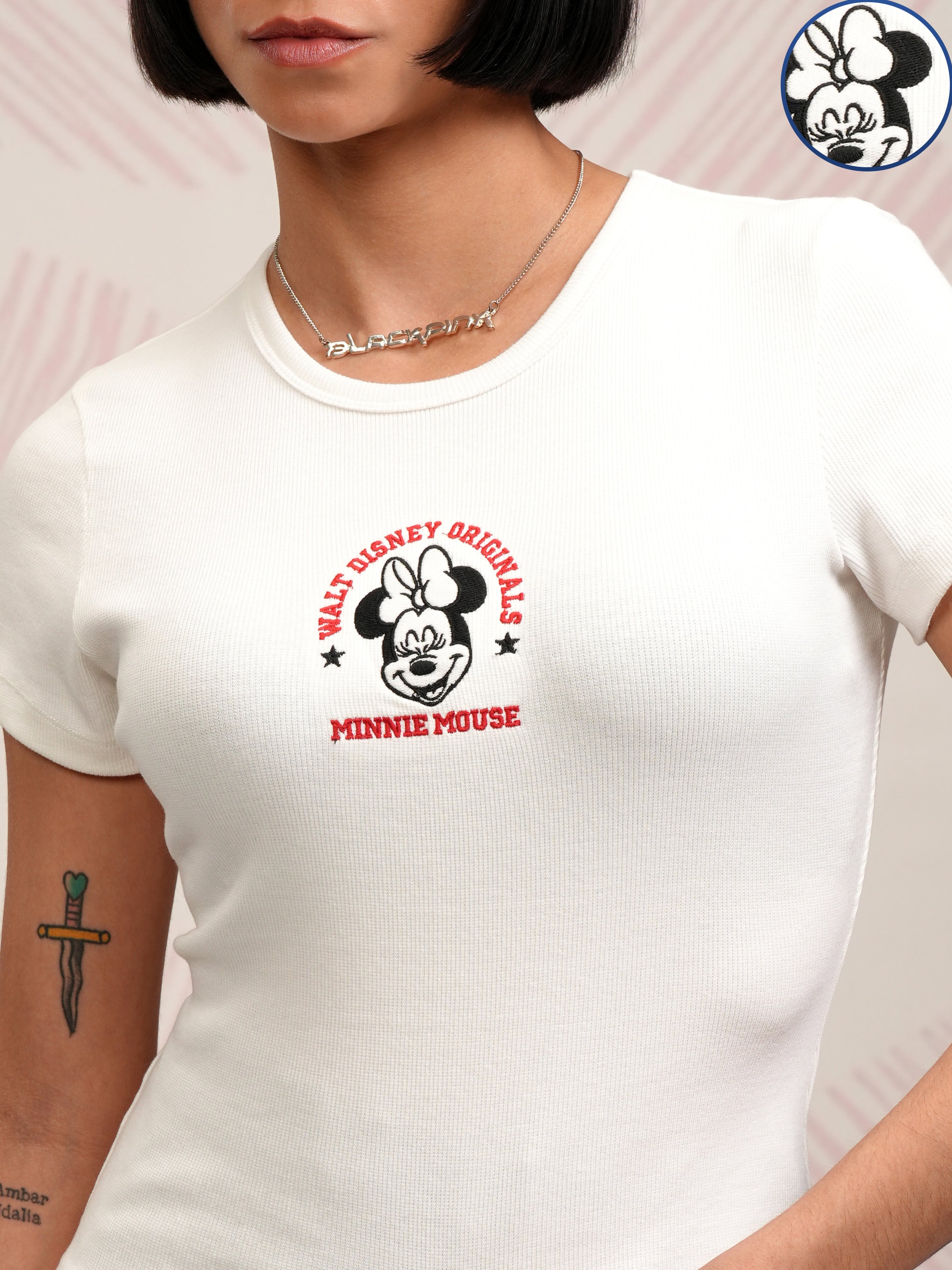 Disney By Tokyo Talkies Women White Minnie Mouse Embroidered Round Neck T-Shirt - White - Image 5