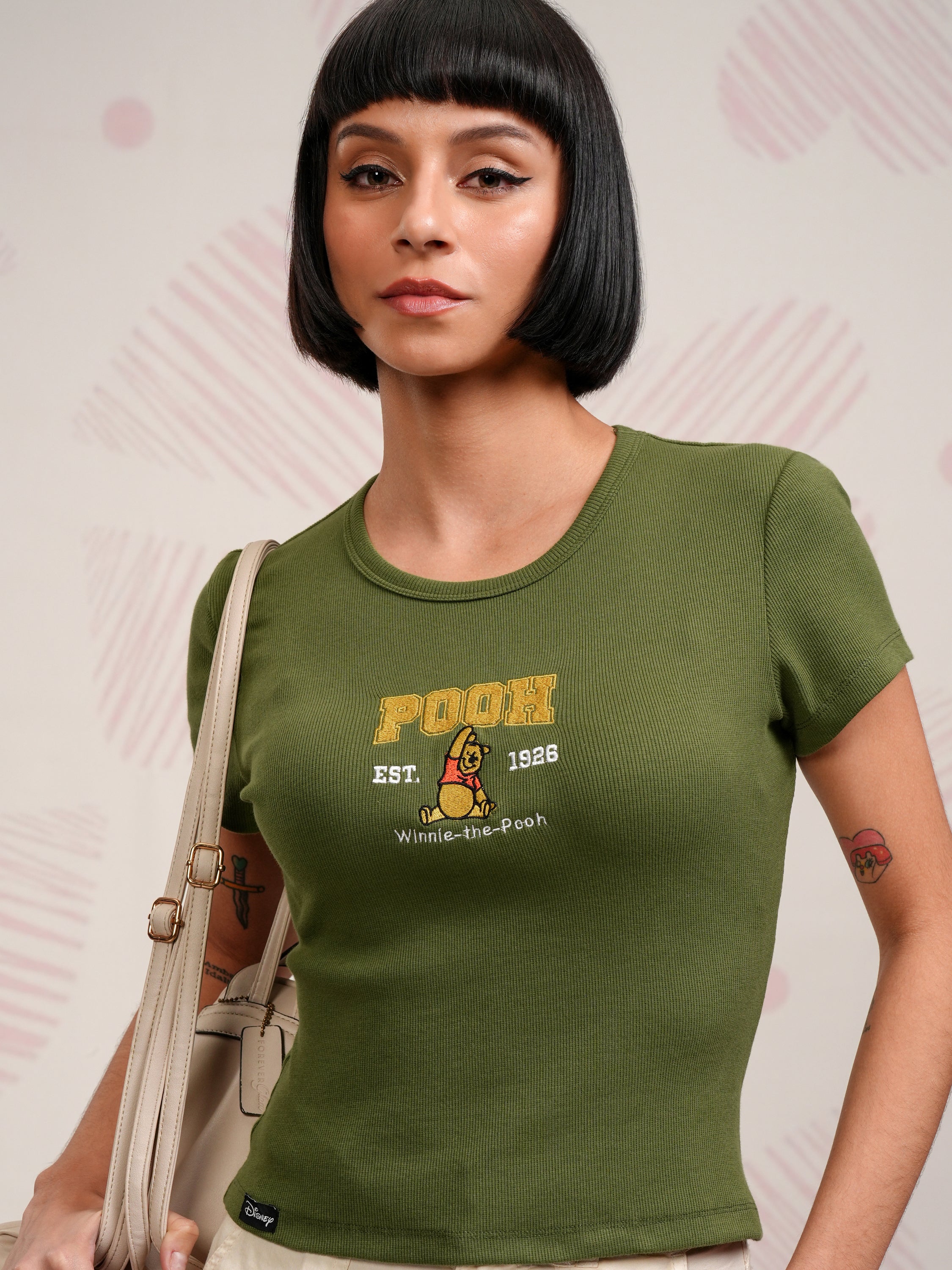 Disney By Tokyo Talkies Women Olive Winnie The Pooh Embroidered Round Neck T-Shirt - Olive - Image 1