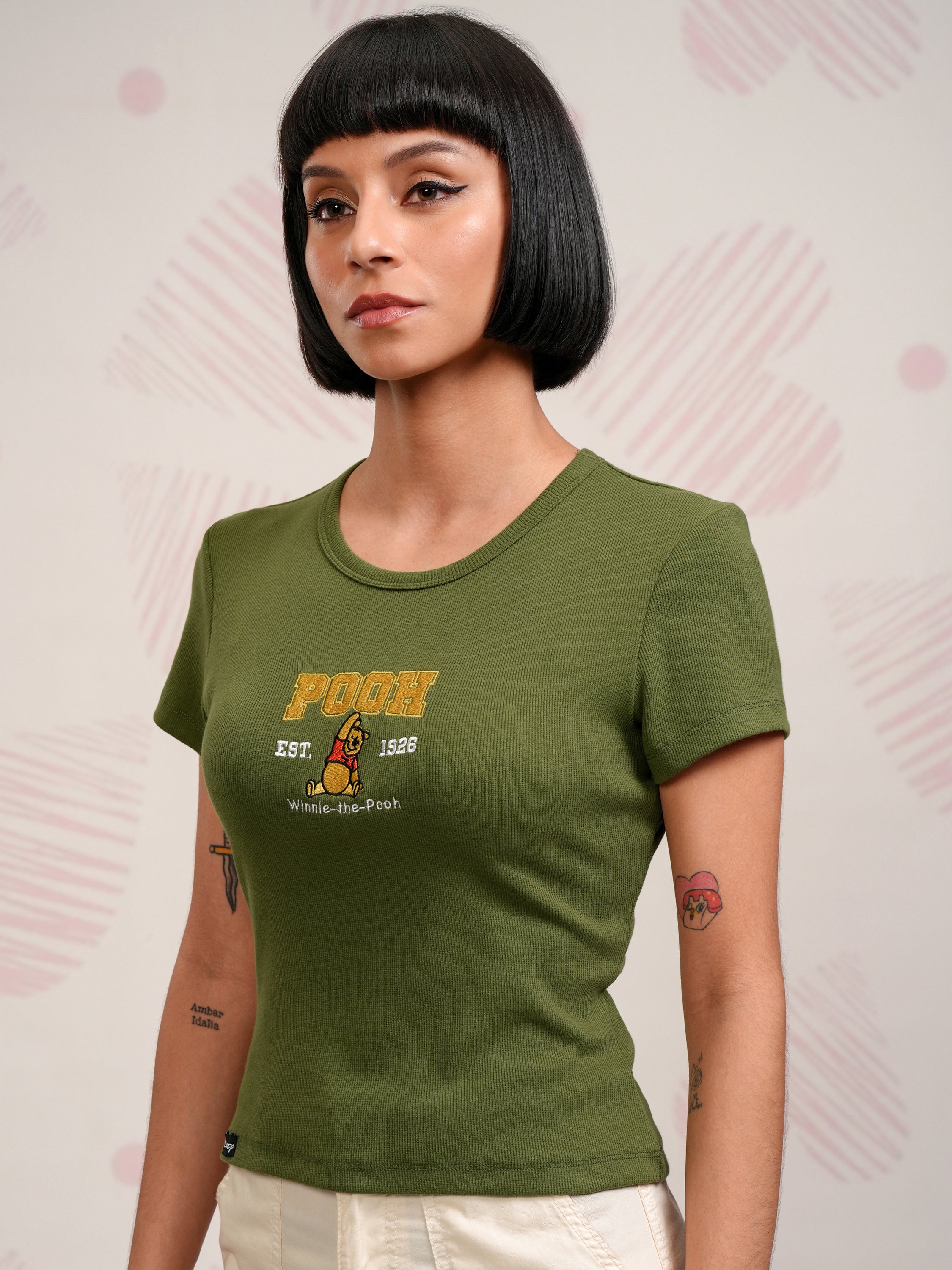 Disney By Tokyo Talkies Women Olive Winnie The Pooh Embroidered Round Neck T-Shirt - Olive - Image 4