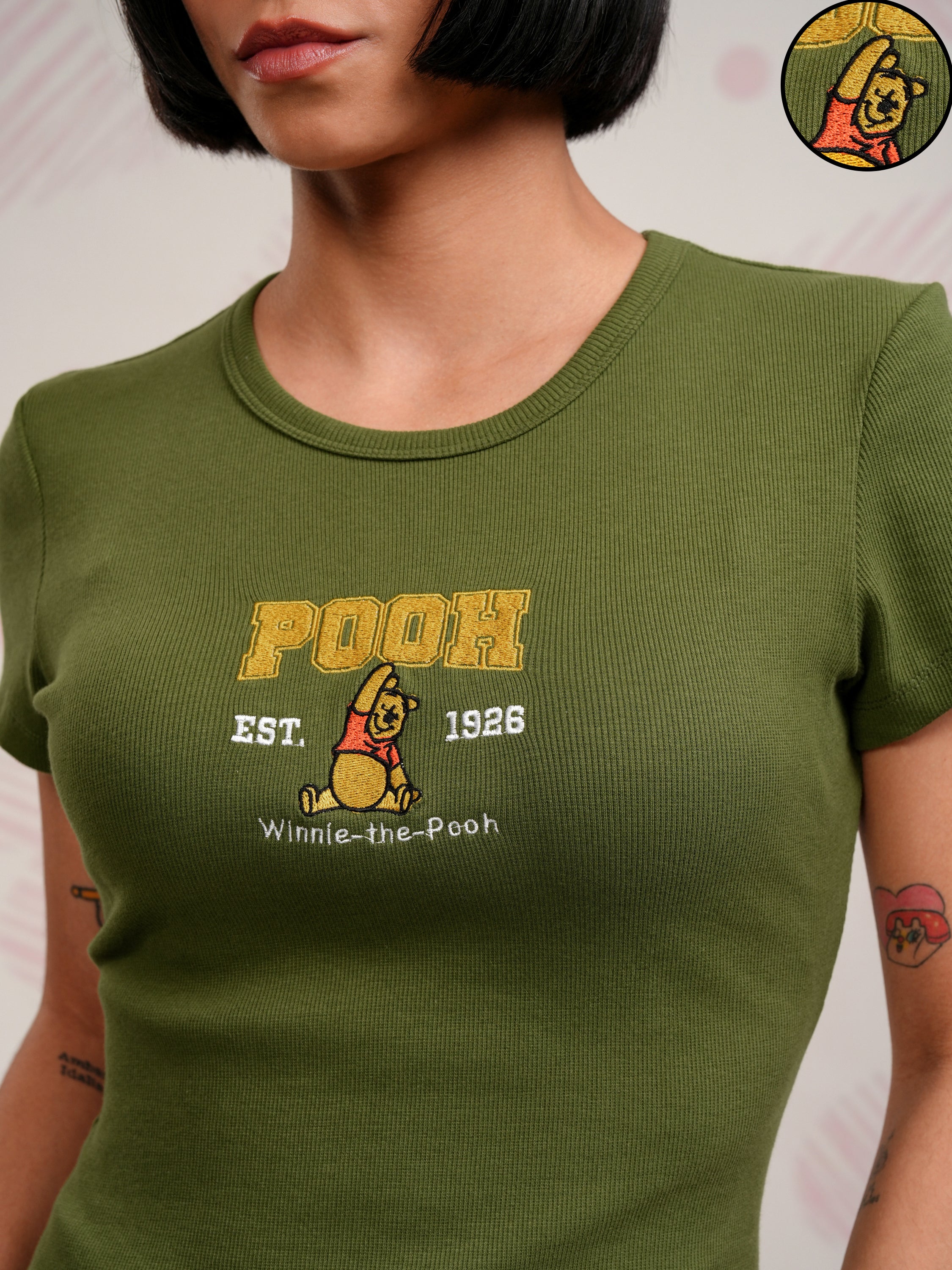 Disney By Tokyo Talkies Women Olive Winnie The Pooh Embroidered Round Neck T-Shirt - Olive - Image 5