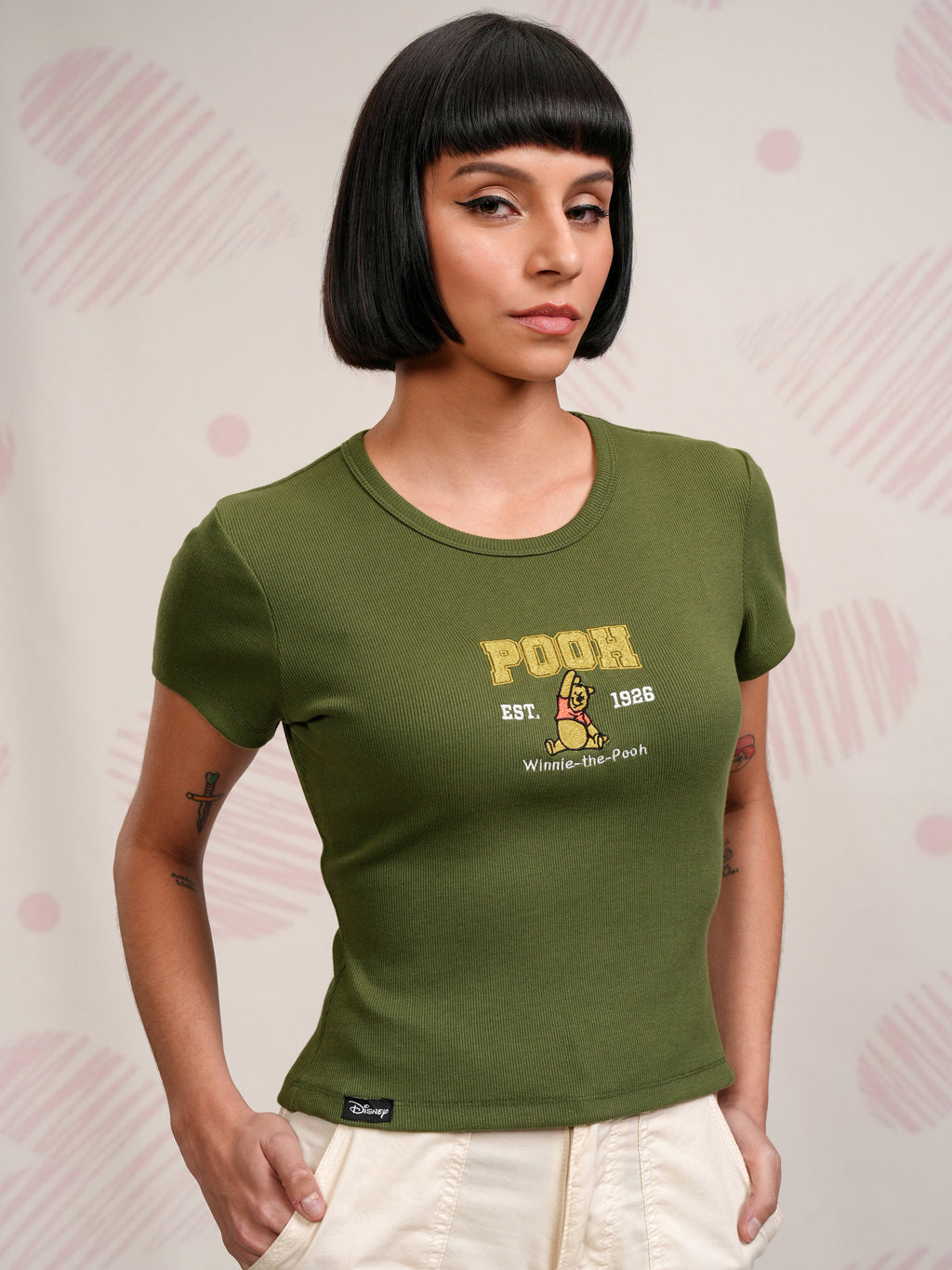 Disney By Tokyo Talkies Women Olive Winnie The Pooh Embroidered Round Neck T-Shirt - Olive - Image 6