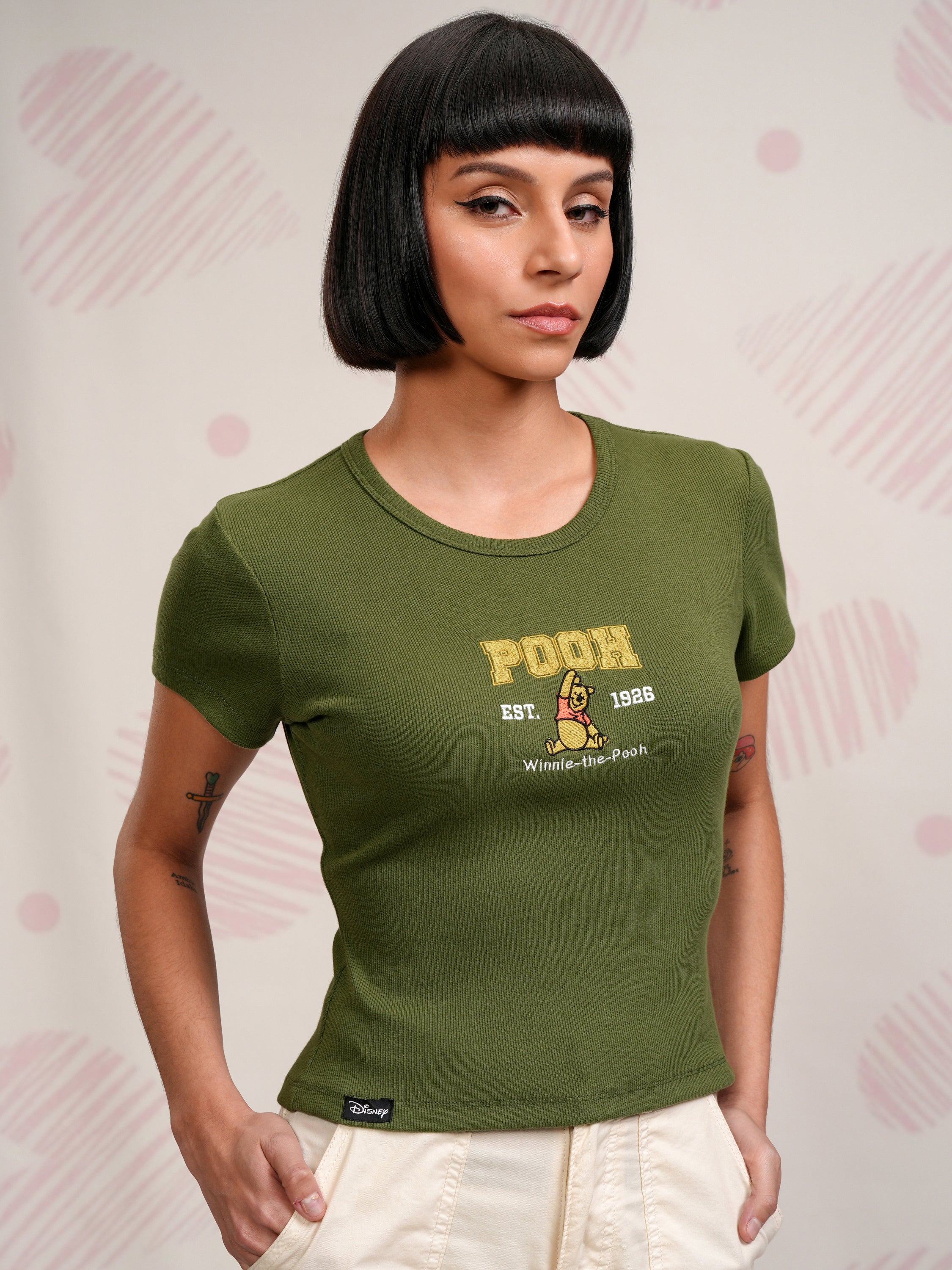Disney By Tokyo Talkies Women Olive Winnie The Pooh Embroidered Round Neck T-Shirt - Olive - Image 6