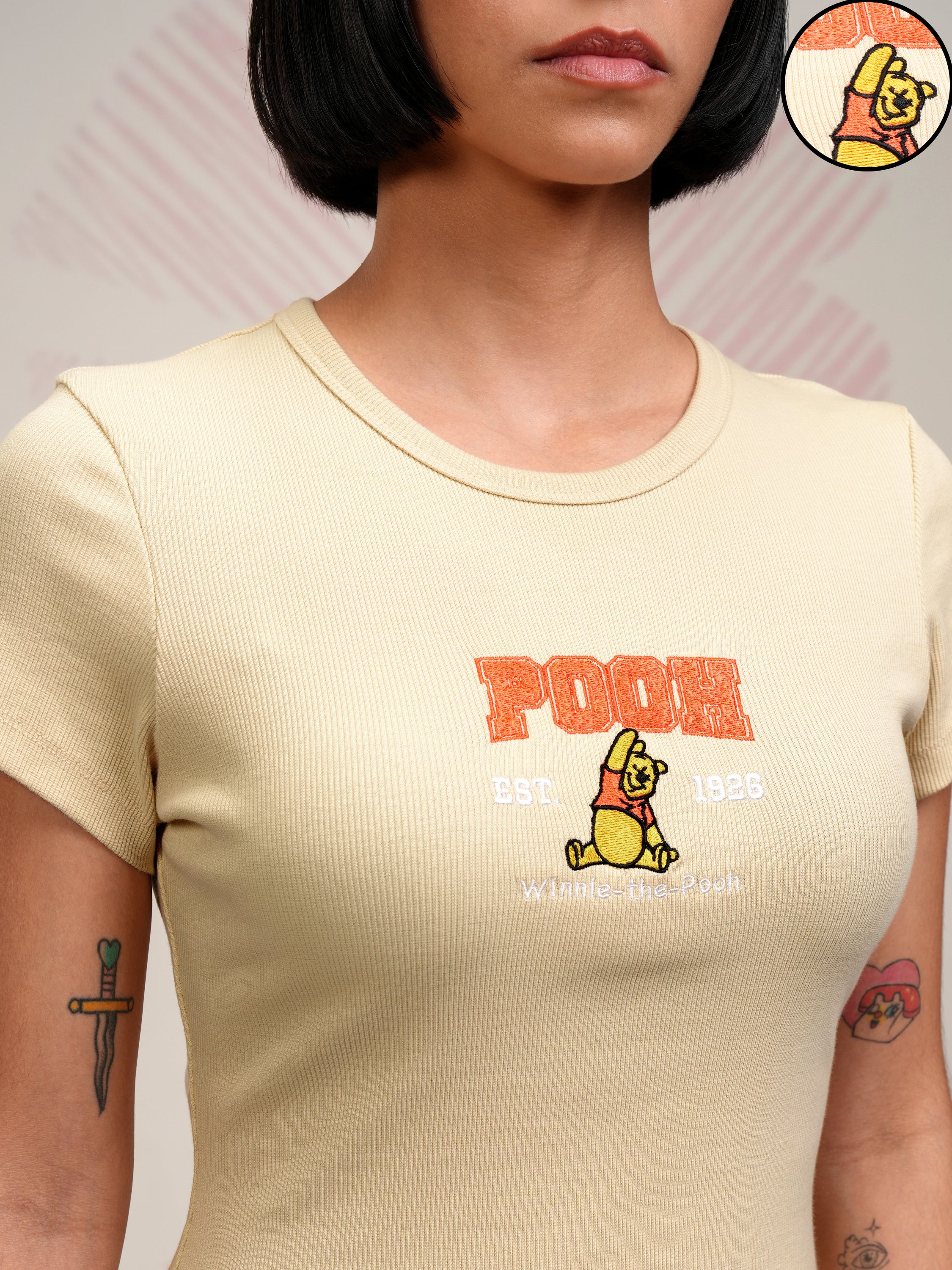 Disney By Tokyo Talkies Women Beige Winnie The Pooh Embroidered Round Neck T-Shirt - Beige - Image 5