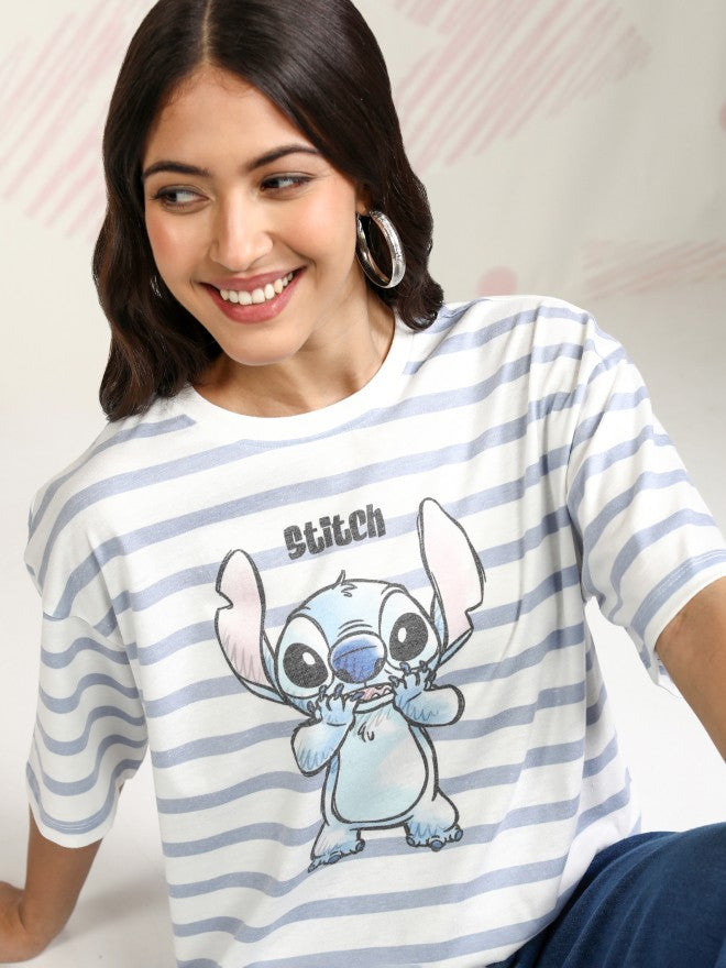 Disney By Tokyo Talkies Women Blue Stitch Printed Round Neck T-Shirt - Blue - Image 1