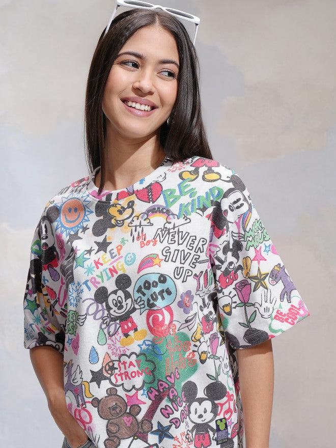 Disney By Tokyo Talkies Women White Mickey Mouse Printed Round Neck T-Shirt - White - Image 1