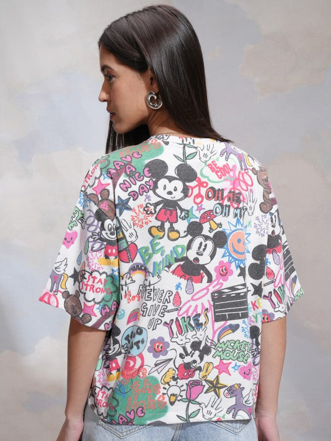 Disney By Tokyo Talkies Women White Mickey Mouse Printed Round Neck T-Shirt - White - Image 3