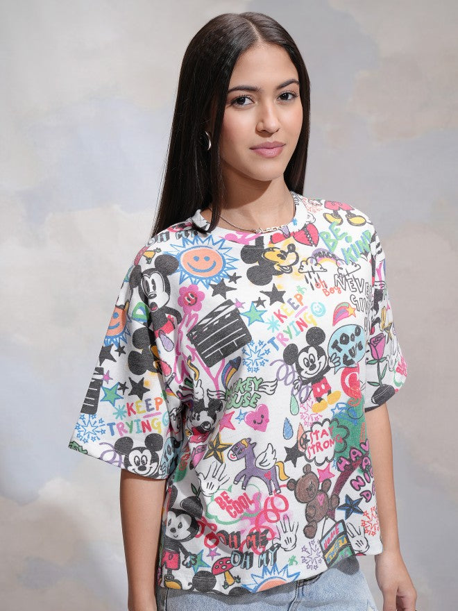 Disney By Tokyo Talkies Women White Mickey Mouse Printed Round Neck T-Shirt - White - Image 6