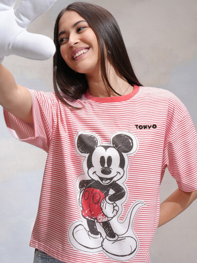 Disney By Tokyo Talkies Women Red Mickey Mouse Printed Round Neck T-Shirt - Red - Image 1