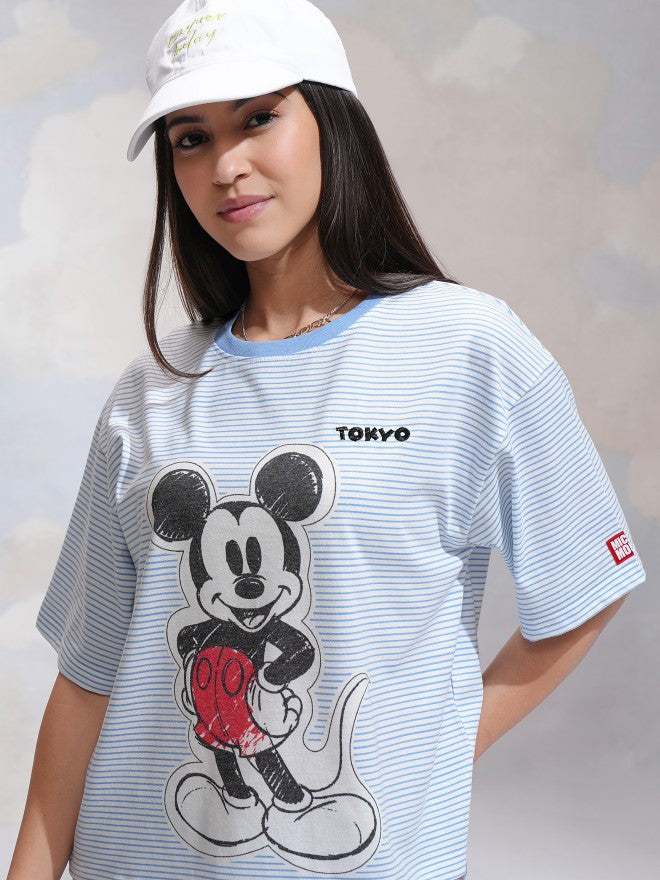 Disney By Tokyo Talkies Women Blue Mickey Mouse Printed Round Neck T-Shirt - Blue - Image 1