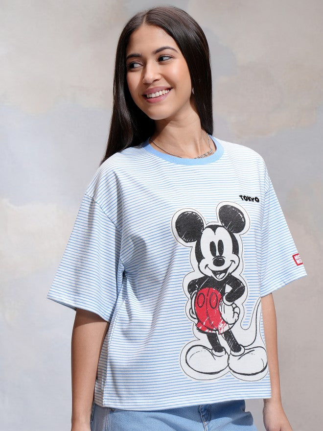 Disney By Tokyo Talkies Women Blue Mickey Mouse Printed Round Neck T-Shirt - Blue - Image 6