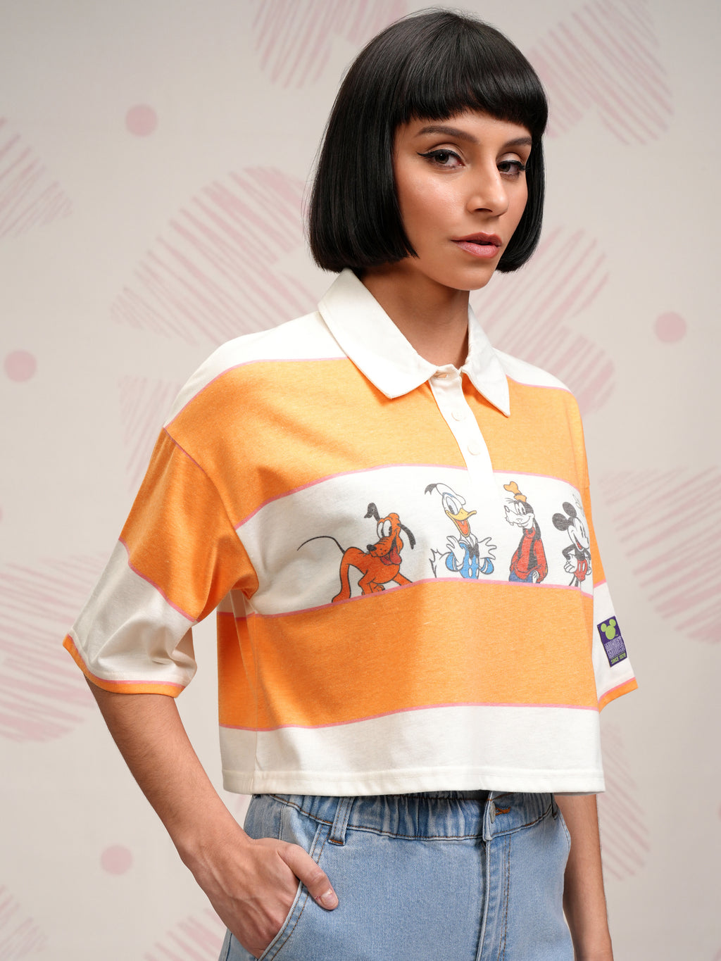 Disney By Tokyo Talkies Women Orange Mickey And Friends Printed Polo Collar T-Shirt - Orange - Image 6