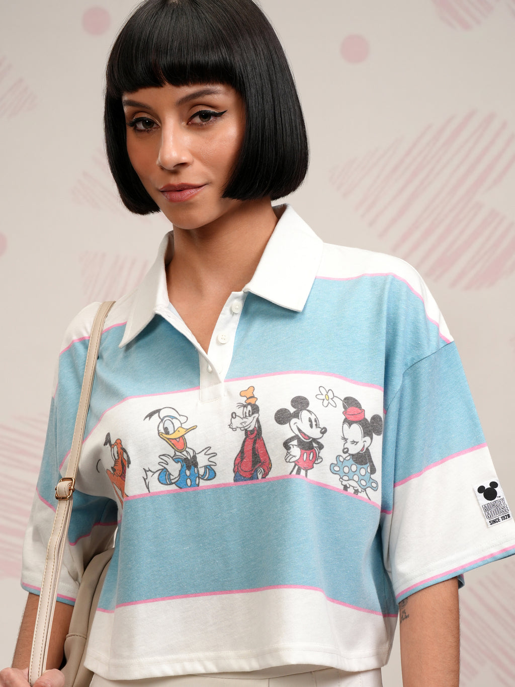 Disney By Tokyo Talkies Women Blue Mickey And Friends Printed Polo Collar T-Shirt - Blue - Image 1