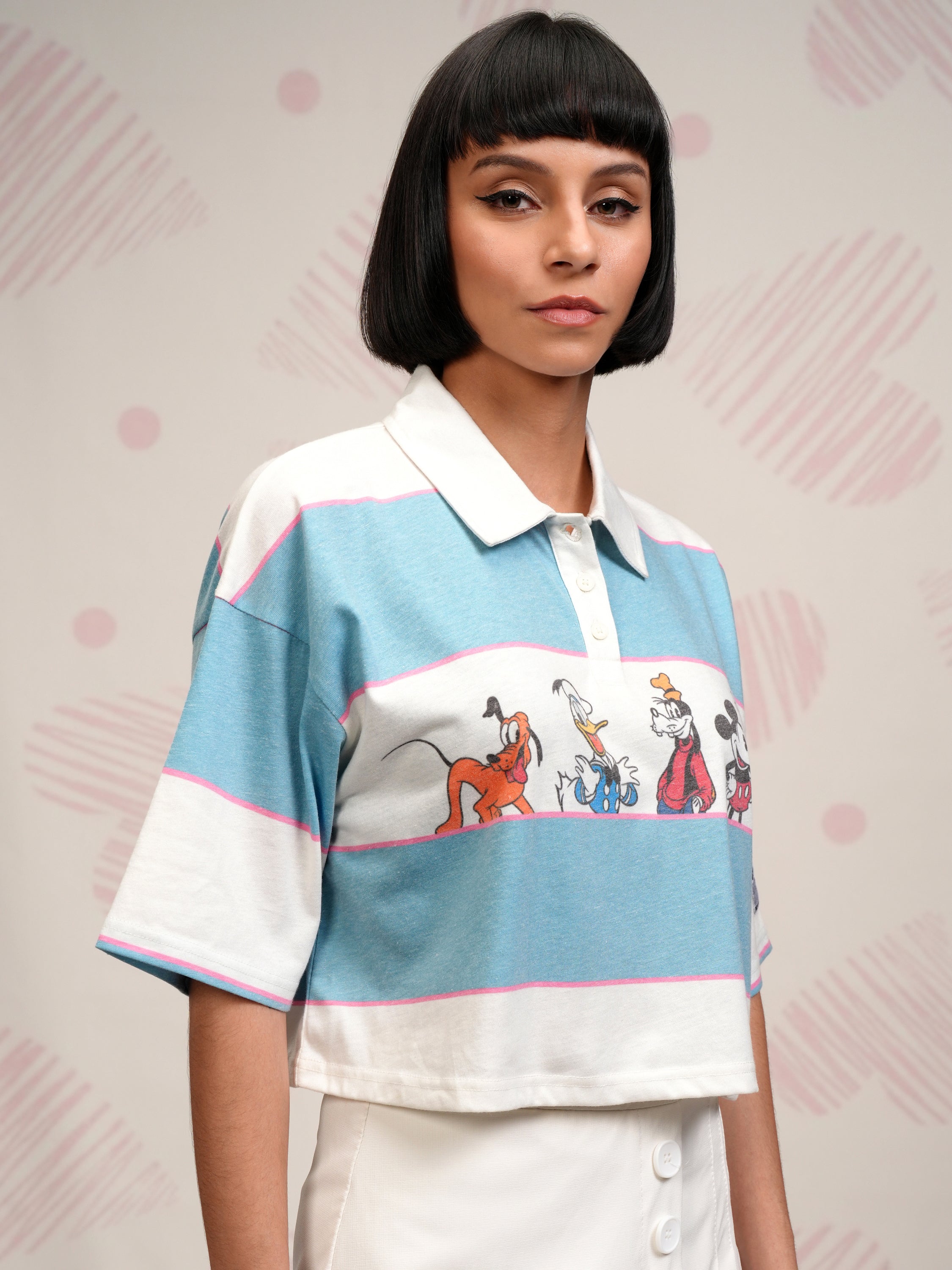 Disney By Tokyo Talkies Women Blue Mickey And Friends Printed Polo Collar T-Shirt - Blue - Image 6