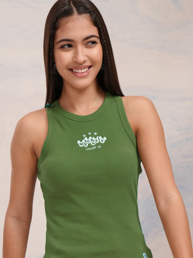 Disney By Tokyo Talkies Women Olive Mickey Mouse Embroidered Tank Top - Olive - Image 1