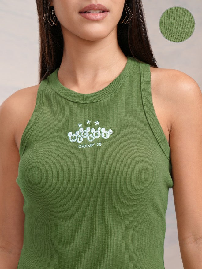 Disney By Tokyo Talkies Women Olive Mickey Mouse Embroidered Tank Top - Olive - Image 5