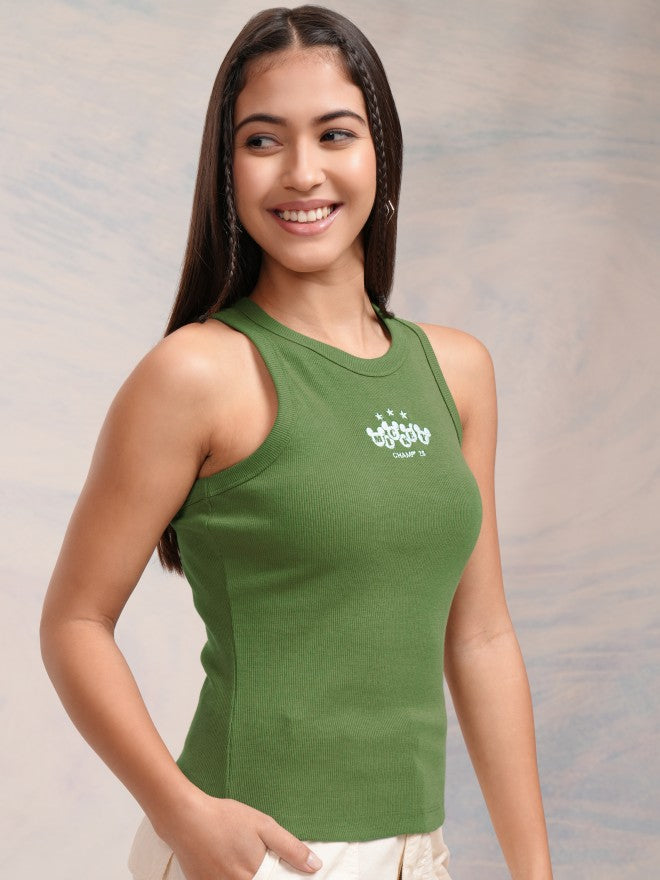 Disney By Tokyo Talkies Women Olive Mickey Mouse Embroidered Tank Top - Olive - Image 6