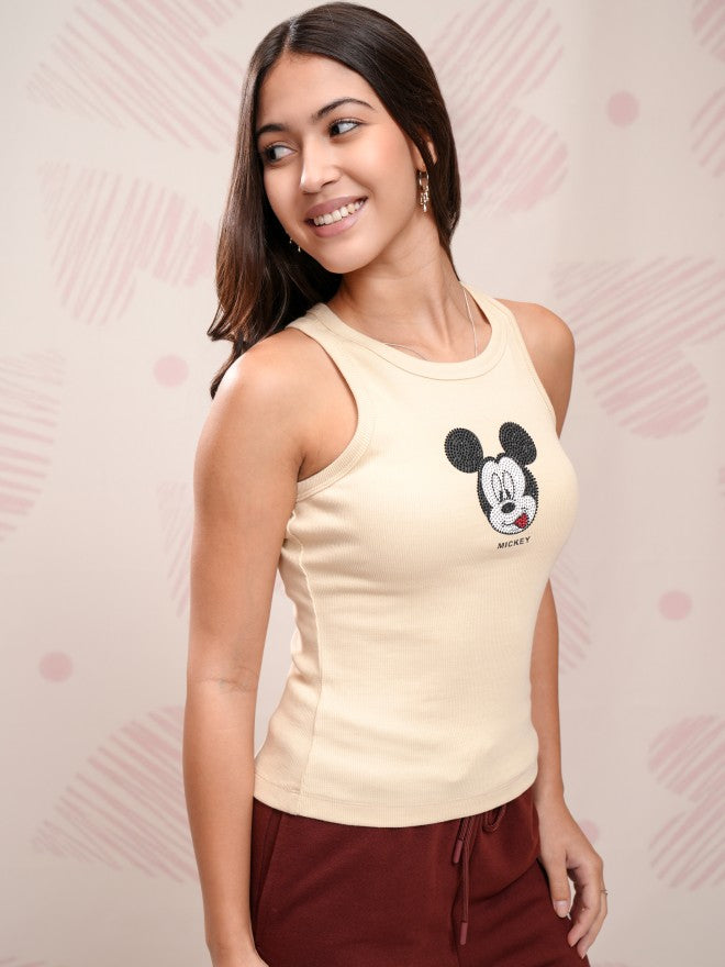 Disney By Tokyo Talkies Women Beige Mickey Mouse Embellished Fitted Top - Beige - Image 6