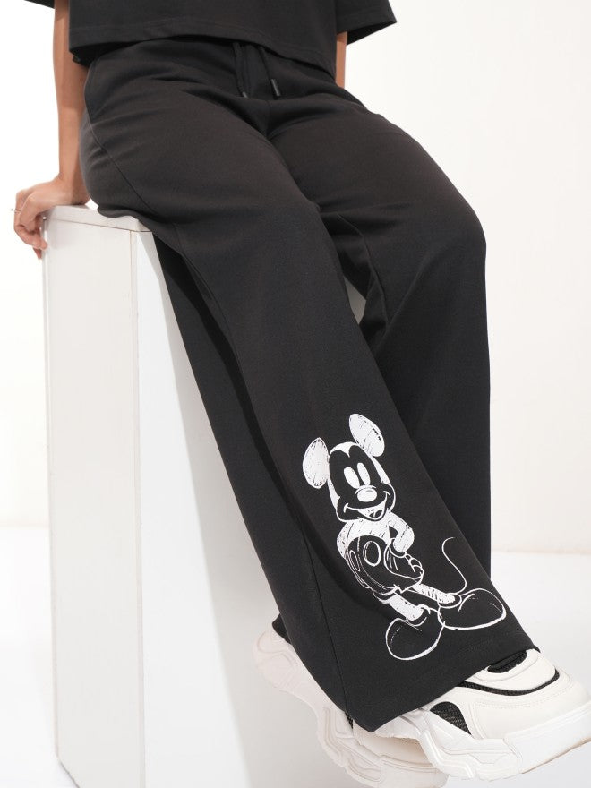 Disney By Tokyo Talkies Women Black Mickey Mouse Straight Fit Track Pant - Black - Image 1