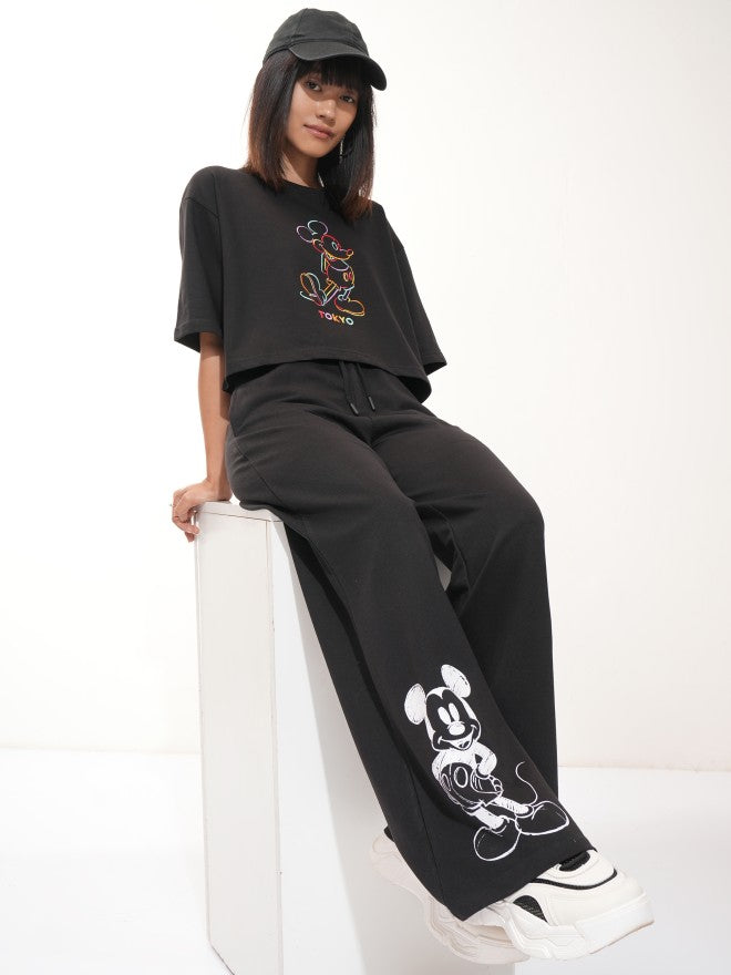 Disney By Tokyo Talkies Women Black Mickey Mouse Straight Fit Track Pant - Black - Image 2
