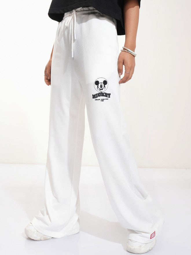 Disney By Tokyo Talkies Women White Mickey Mouse Straight Fit Track Pant - White - Image 1