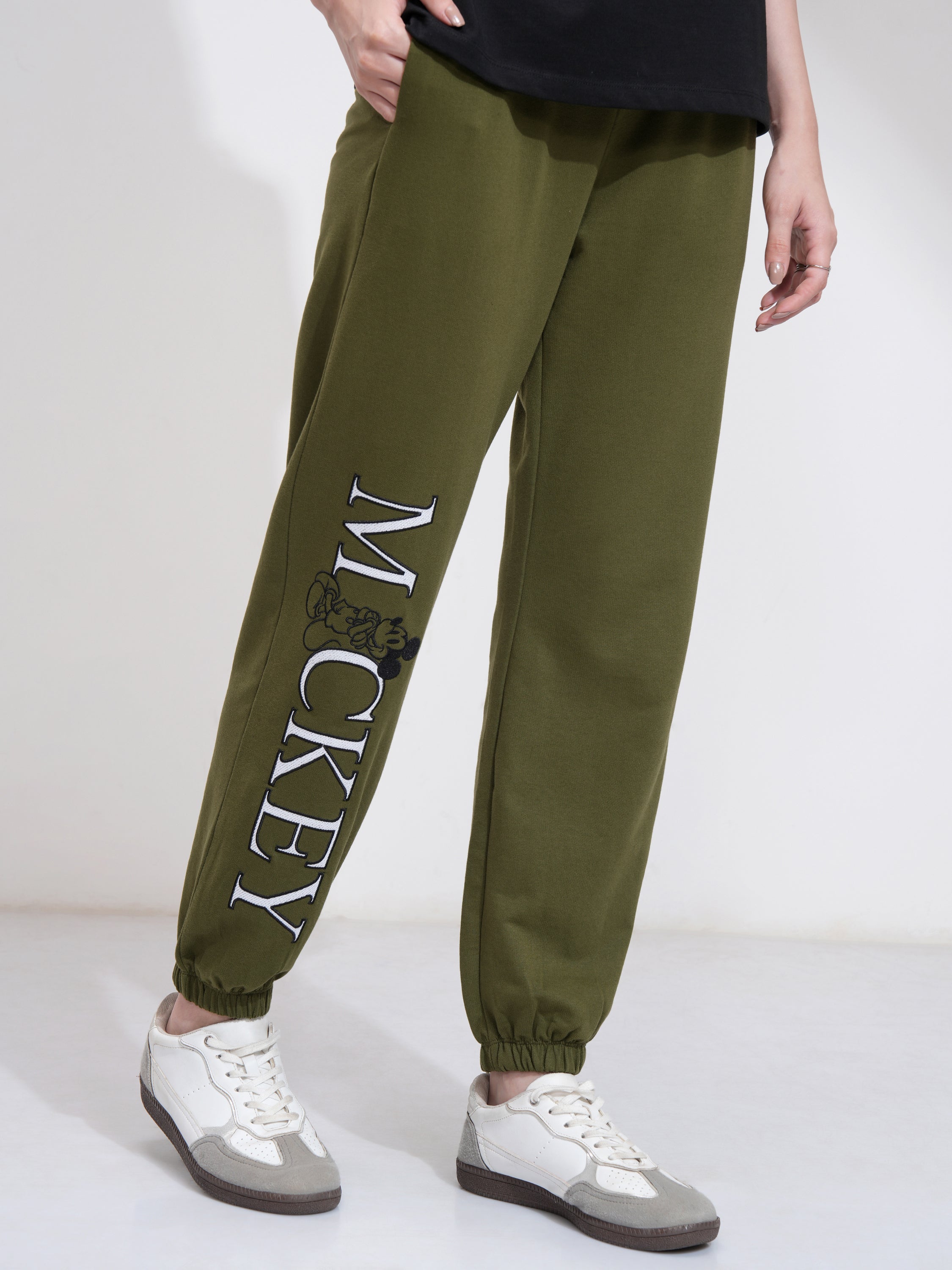 Disney By Tokyo Talkies Women Olive Mickey Mouse Tapered Fit Track Pant - Olive - Image 1