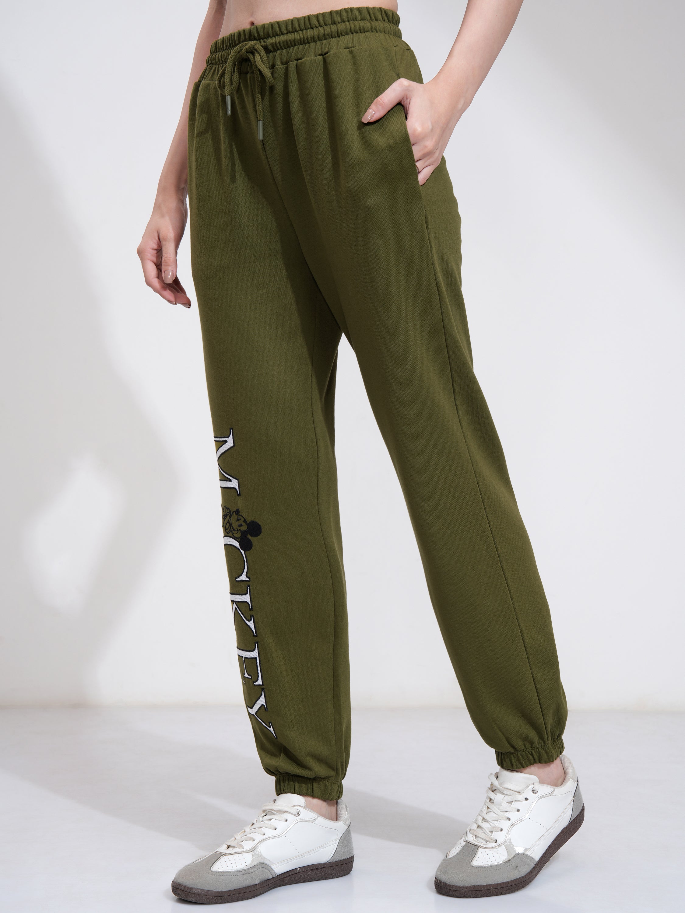 Disney By Tokyo Talkies Women Olive Mickey Mouse Tapered Fit Track Pant - Olive - Image 4