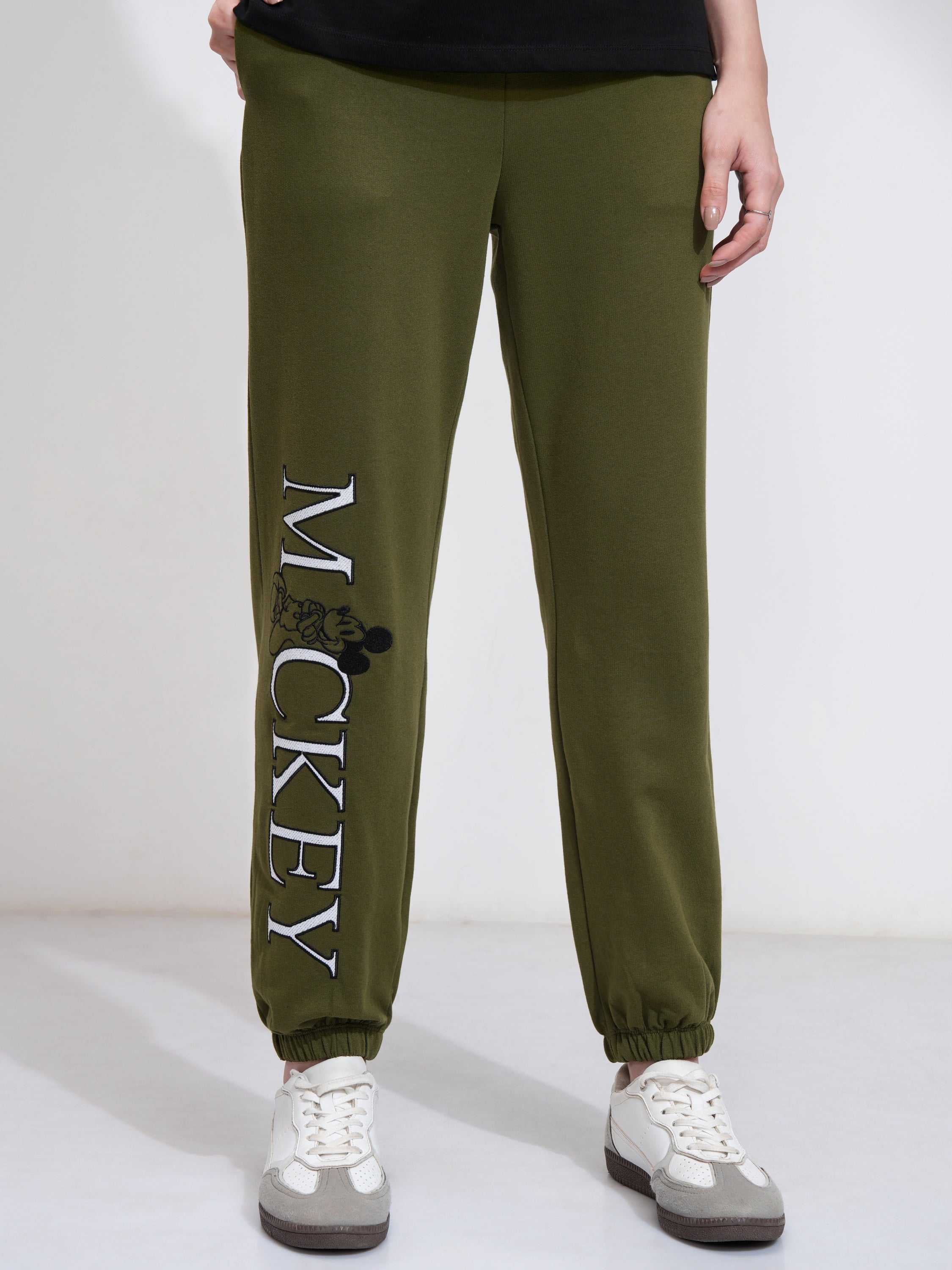 Disney By Tokyo Talkies Women Olive Mickey Mouse Tapered Fit Track Pant - Olive - Image 6