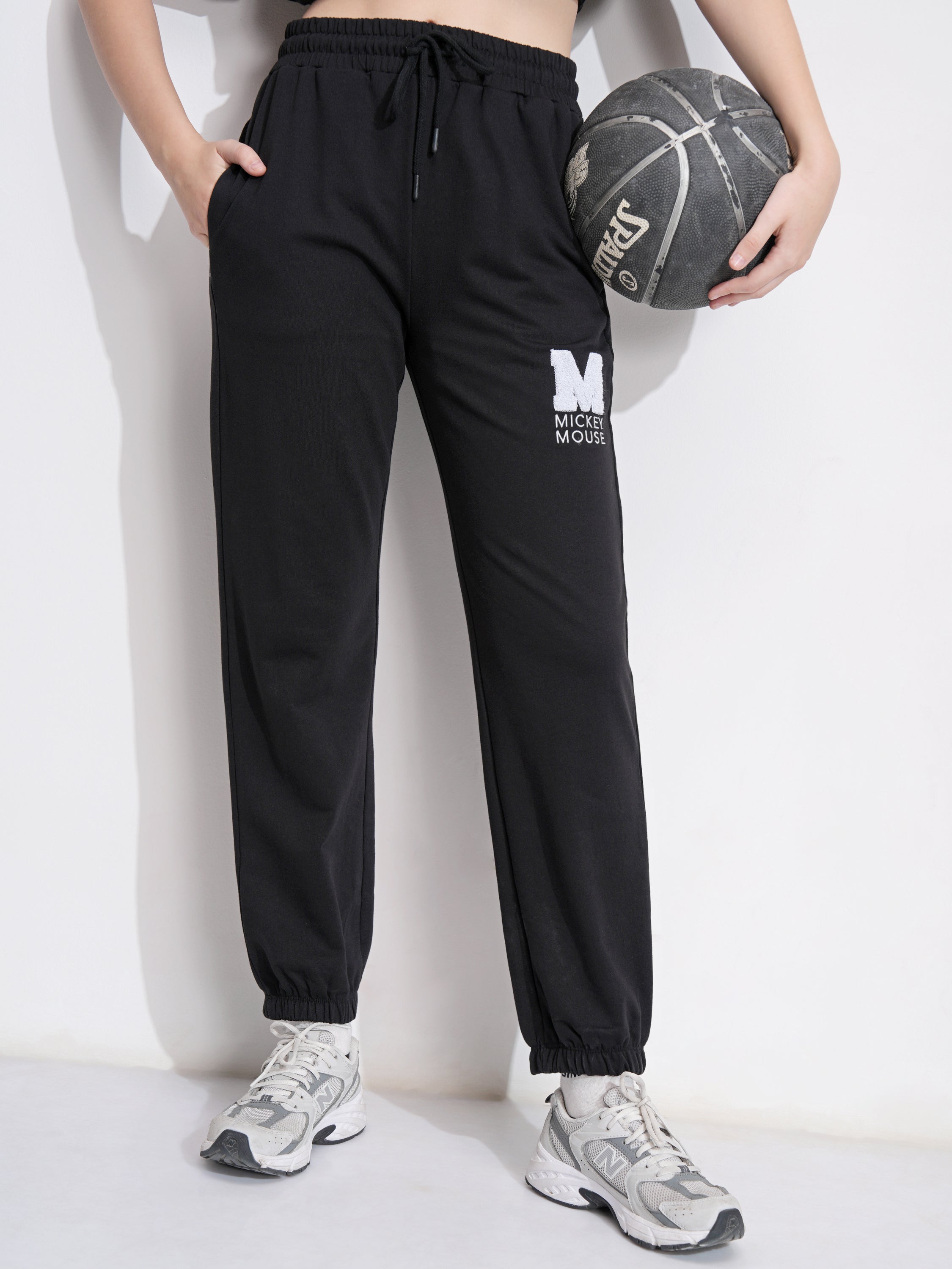 Disney By Tokyo Talkies Women Black Mickey Mouse Tapered Fit Track Pant - Black - Image 1