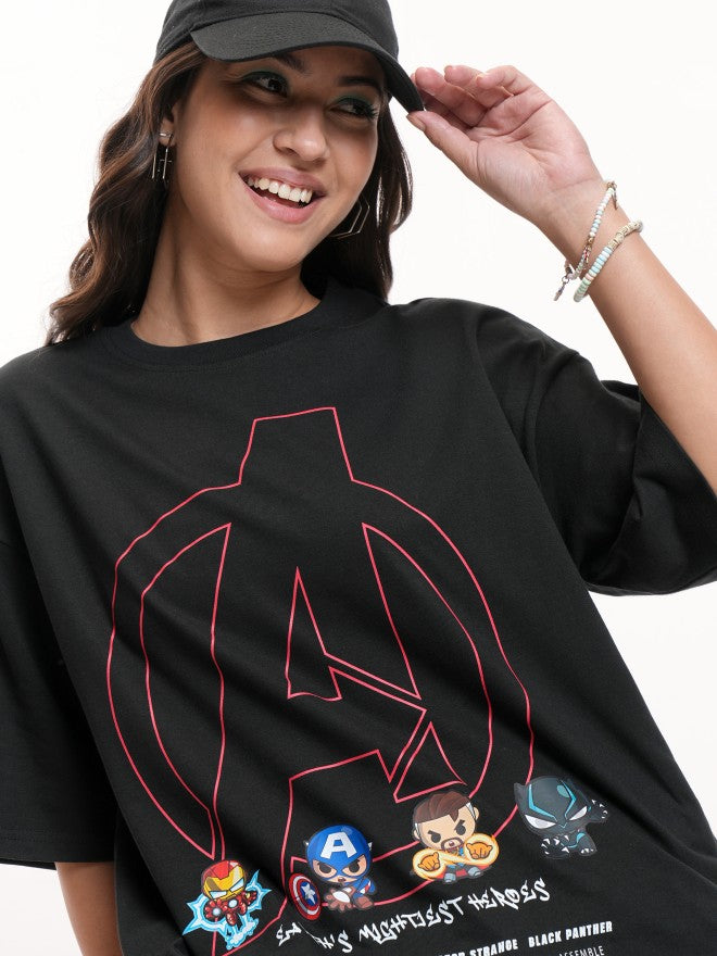 Marvel By Tokyo Talkies Women Black Avengers Printed Round Neck T-Shirt - Black - Image 1