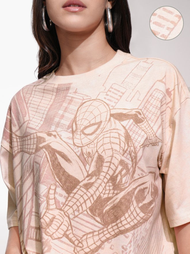 Marvel By Tokyo Talkies Women Peach Spider-Man Printed Round Neck T-Shirt - Peach - Image 5