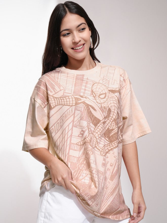 Marvel By Tokyo Talkies Women Peach Spider-Man Printed Round Neck T-Shirt - Peach - Image 6