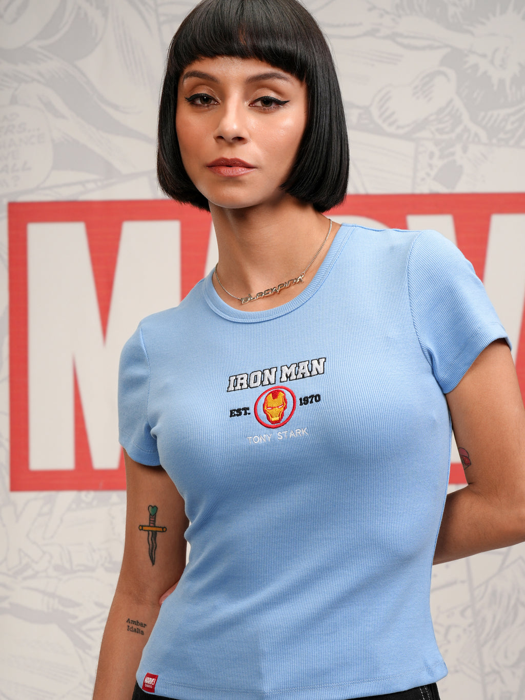 Marvel By Tokyo Talkies Women Blue Iron Man Embroidered Round Neck T-Shirt - Blue - Image 1