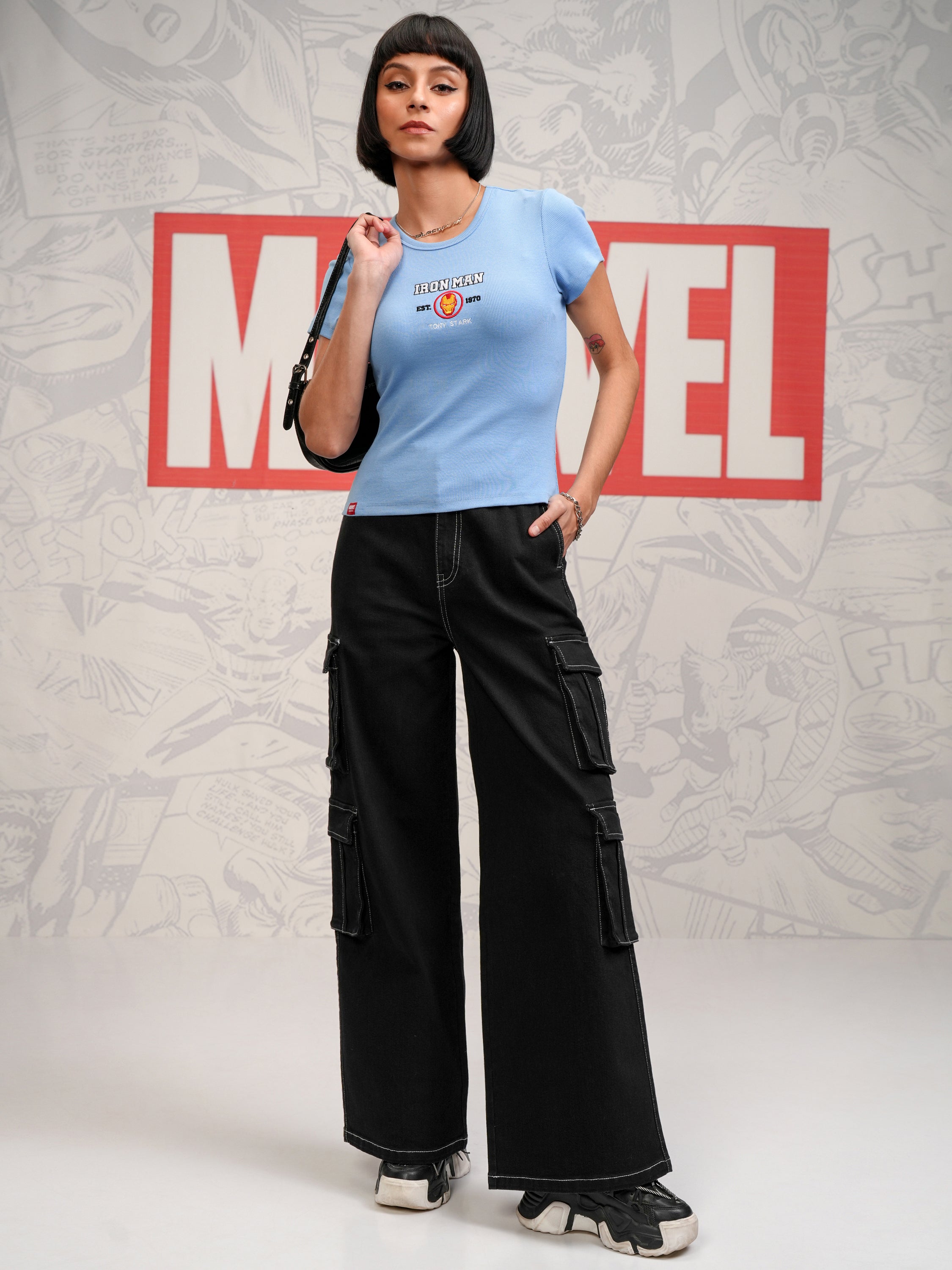 Marvel By Tokyo Talkies Women Blue Iron Man Embroidered Round Neck T-Shirt - Blue - Image 2