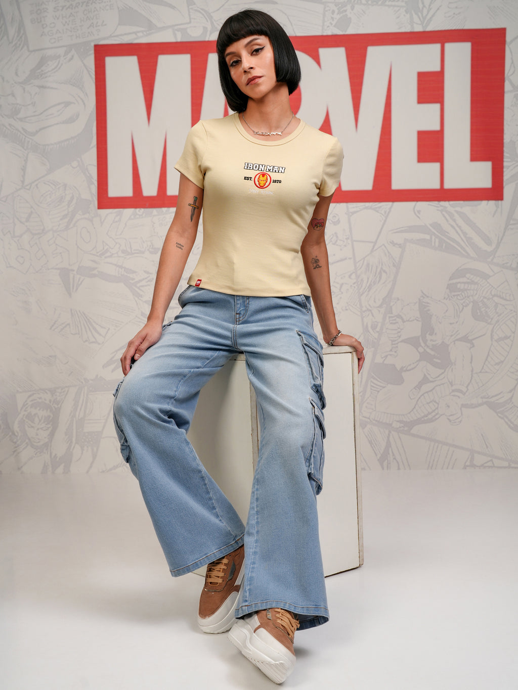 Marvel By Tokyo Talkies Women Beige Iron Man Embroidered Round Neck T-Shirt - Beige - Image 2