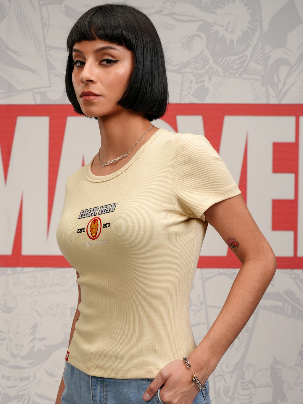 Marvel By Tokyo Talkies Women Beige Iron Man Embroidered Round Neck T-Shirt - Beige - Image 4