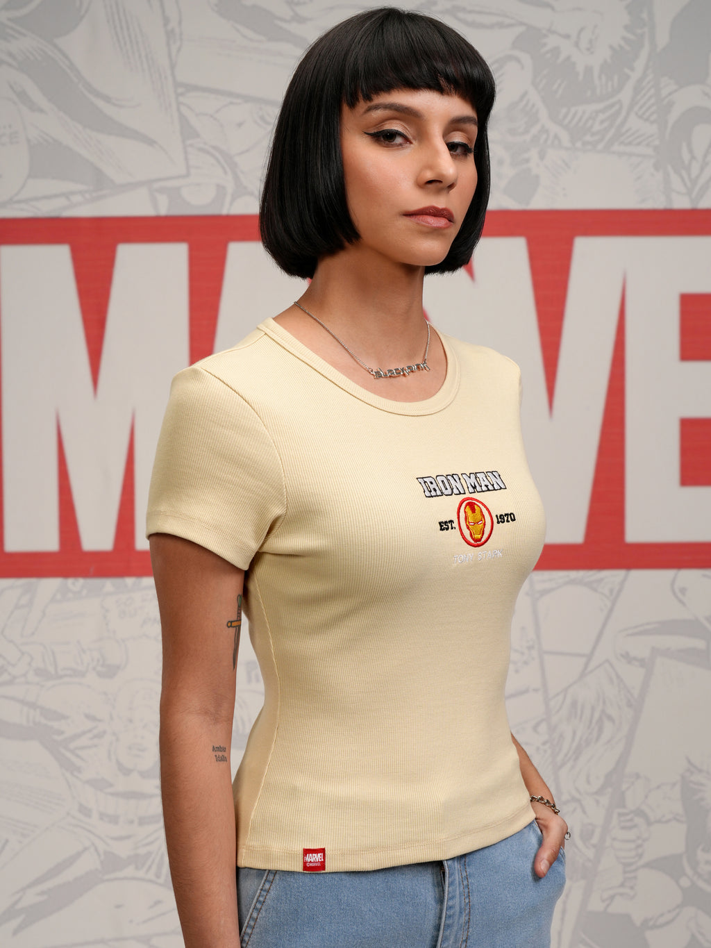 Marvel By Tokyo Talkies Women Beige Iron Man Embroidered Round Neck T-Shirt - Beige - Image 6