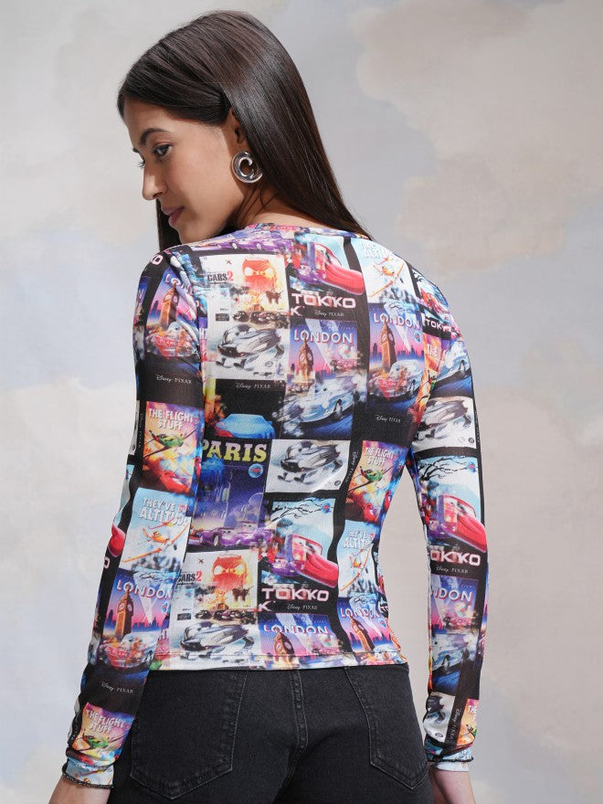 Pixar By Tokyo Talkies Women Black Cars Printed Fitted Top - Black - Image 3