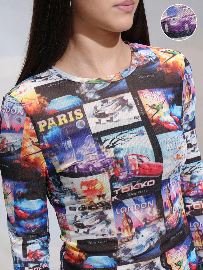 Pixar By Tokyo Talkies Women Black Cars Printed Fitted Top - Black - Image 5