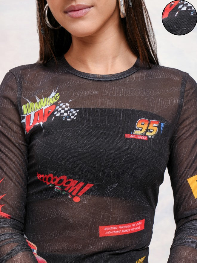 Pixar By Tokyo Talkies Women Black Cars Printed Fitted Top - Black - Image 5