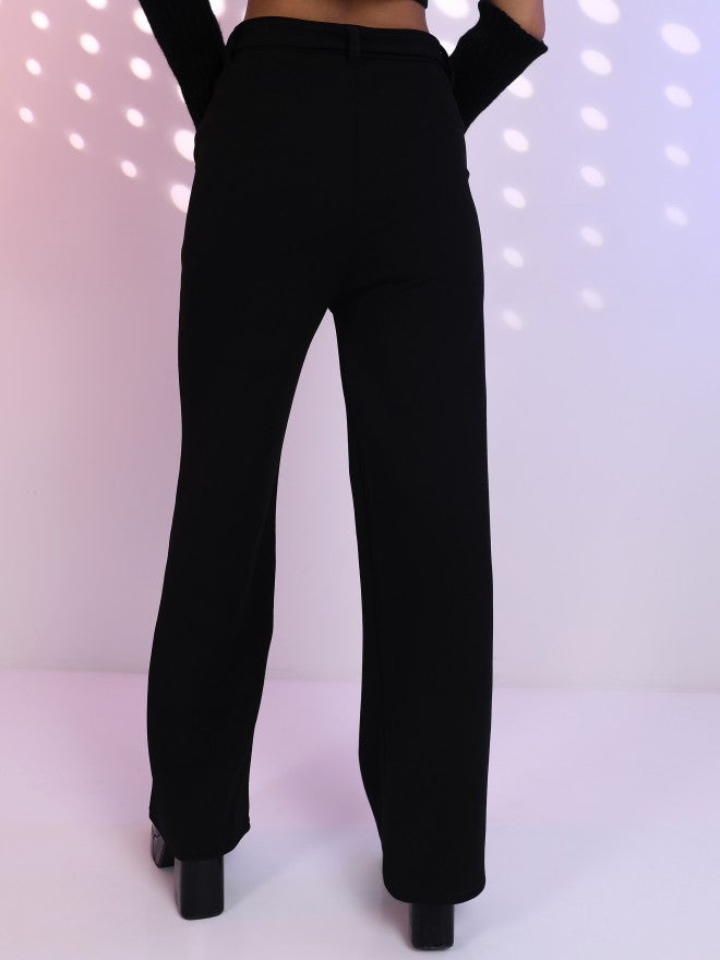 Tokyo Talkies Women Black Solid Wide Leg Casual Trouser - Black - Image 3