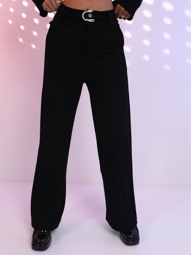 Tokyo Talkies Women Black Solid Wide Leg Casual Trouser - Black - Image 4