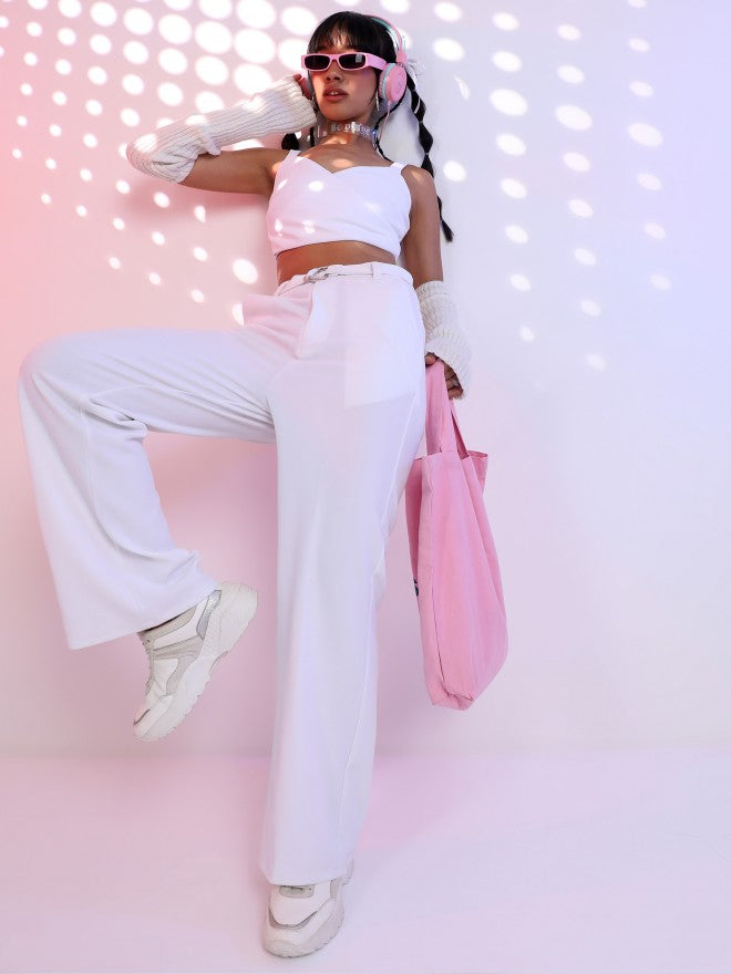 Tokyo Talkies Women White Solid Wide Leg Casual Trouser - White - Image 2