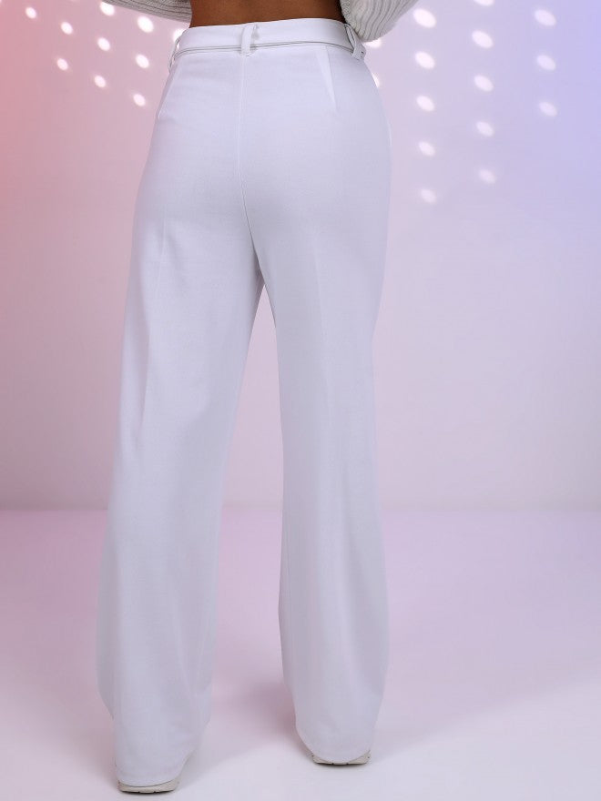 Tokyo Talkies Women White Solid Wide Leg Casual Trouser - White - Image 3